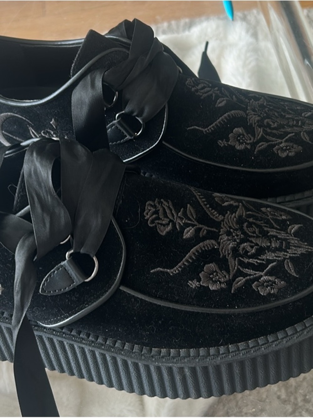 Killstar Black Velvet Platform Creepers with Embroidery Shoes Size 10 Women’s